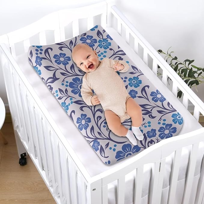 Blue Flower Print Changing Pad Cover for Baby Girls Boys Comfort Diaper Change Table Pad Covers Soft Changing Pad Sheets