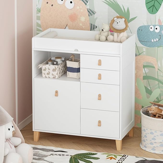 Timechee Baby Changing Table Dresser, 33.5" Baby Nursery Dresser with Drawers & Shelf, Wooden Storage Cabinet Chest w/Changing Station for Infant Kids Bedroom, White