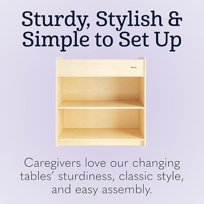 Foundations SafeStart Daycare Changing Table, Durable Wood Construction, Built-in Shelving for Ample Storage, Adjustable Safety Strap, Includes Foam Mattress Pad (Natural)