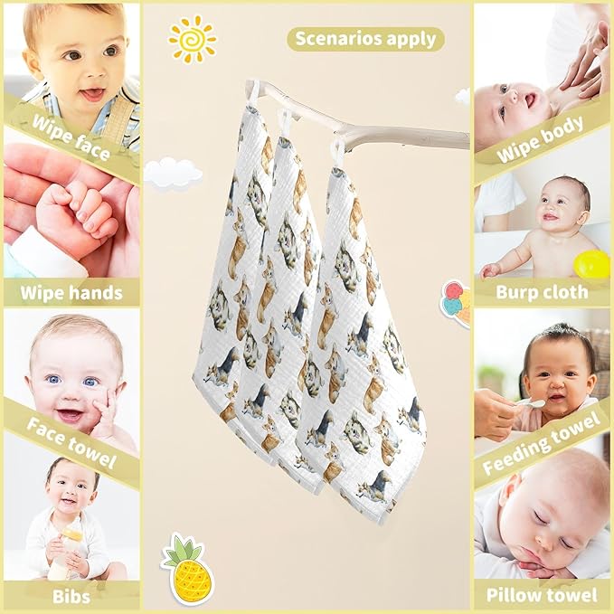 vvfelixl Baby Cotton Washcloths Realistic Corgi Infants Bath Towel for Unisex Face Towels for Newborn, Natural Baby Wipes Delicate Skin, 11.8 X 11.8 inch, one sizex3