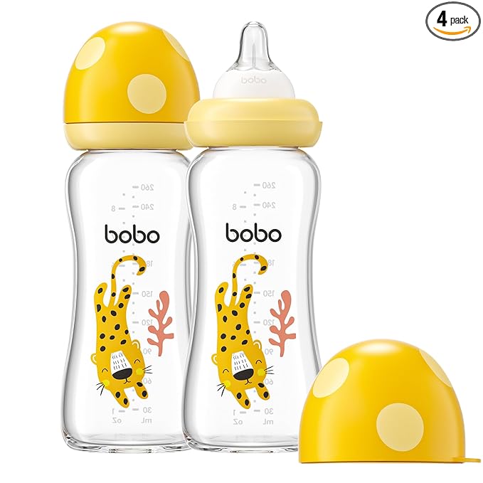 YOHKOH Natural Glass Baby Bottle with Level 2 Medium Flow Nipple, Newborn Anti-Colic Baby Bottles, Wide Neck Mushroom Baby Glass Bottle (8.8ounce (Pack of 2), Yellow2)
