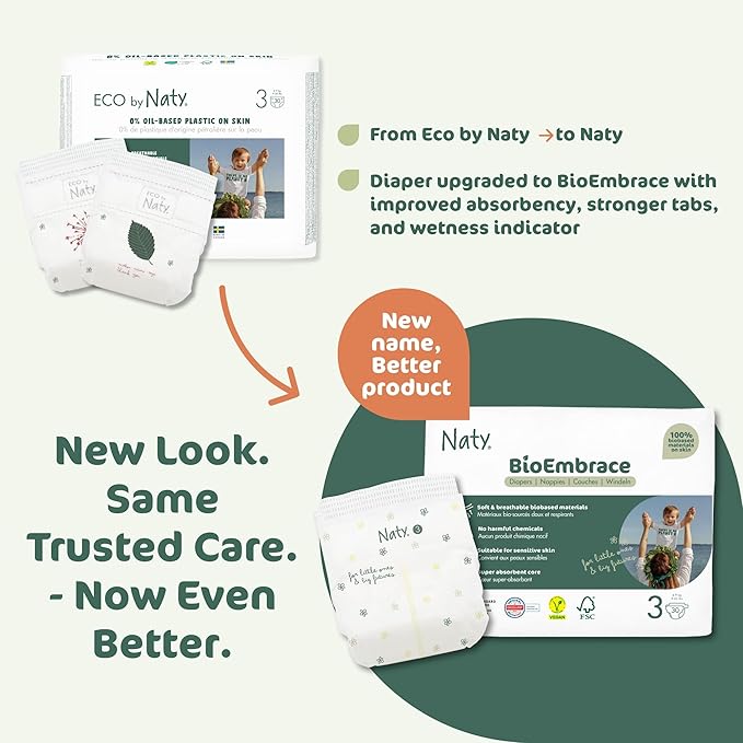 Naty BioEmbrace Baby Diapers | Sensitive Skin Safe Certified | Leak Protection up to 100% | Plant-Based Softness, Premium Comfort | Chlorine-Free | Size 3 (9–20 lbs), 100 Count