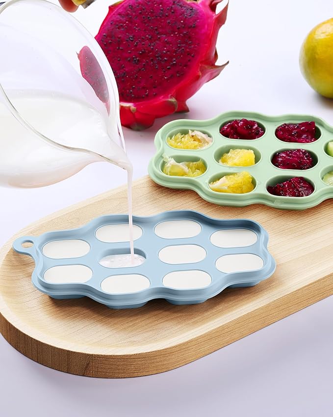 Baby Food Freezer Tray & Fruit Feeder Set – 2 Pack Silicone Baby Food Storage Trays + 2 Fresh Food Feeders for Infant Teething & Self Feeding – Popsicle Mold for Breastmilk, Purees, Blue & Green