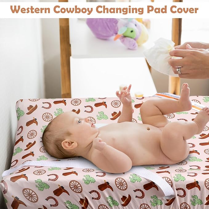 CroBlissful 4 Pcs Western Stretchy Baby Changing Pad Covers for Boys and Girls Soft Diaper Changing Table Pad Cover Breathable Comfy Newborn Baby Cradle Sheets Bedding Nursery 32 x 16 x 5 Inch