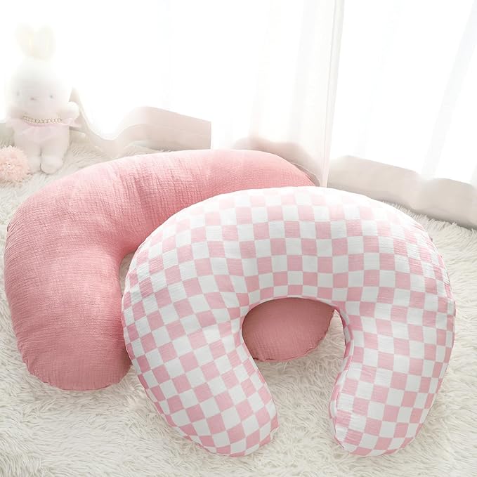 DILIMI Muslin Nursing Pillow Cover 2 Pack, Removable Nursing Cover for Breastfeeding Pillows, Ultra Soft Comfortable Slipcover for Baby Girl and Boy, Pink and Checkered