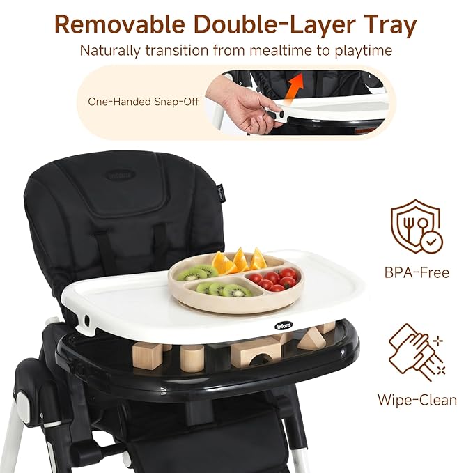 INFANS High Chair for Babies & Toddlers, Foldable Highchair with Multiple Adjustable Backrest, Footrest and Seat Height, Removable Tray, Detachable PU Leather Cushion, Built-in Rear Wheels (Black)