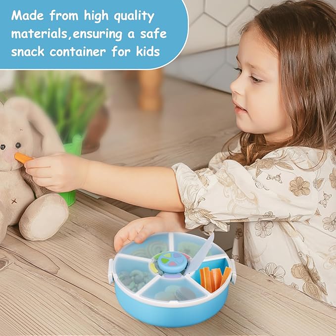 JOOPETALK Kids Reusable Rotating Snack Container with 5 Separate Compartments, Color Matching Opening Lid, BPA/PVC-Free, Dishwasher Safe, Perfect for Travel, School Lunches & On-the-Go Snacking-Blue