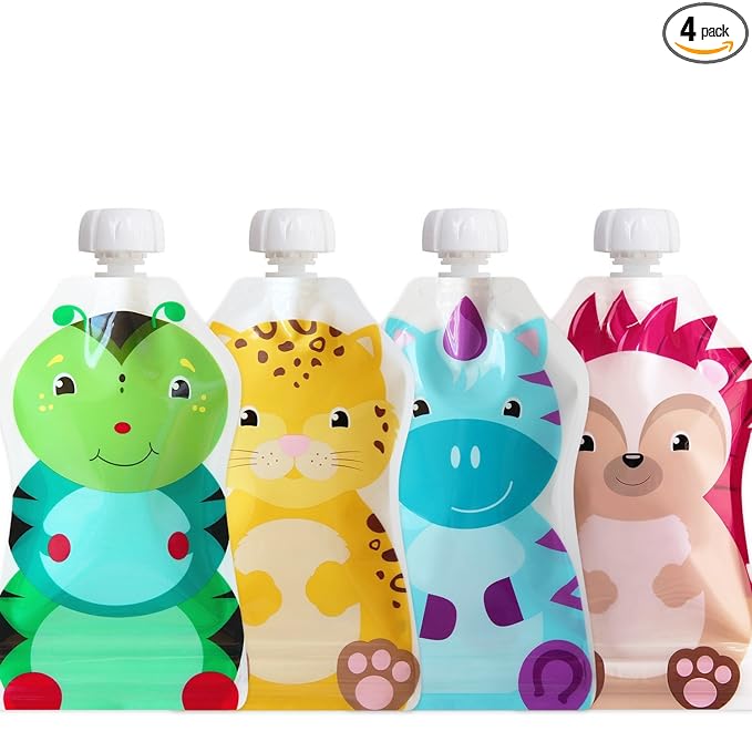 ChooMee Reusable Baby Food Pouches | BPA Free | Refillable Toddler Squeeze Pouches for Homemade Purees, Applesauce & Yogurt | Double Zipper, Easy Fill & Wide Bottom | 4CT, 5oz SnakPack FreshSquad