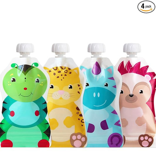 ChooMee Reusable Baby Food Pouches | BPA Free | Refillable Toddler Squeeze Pouches for Homemade Purees, Applesauce & Yogurt | Double Zipper, Easy Fill & Wide Bottom | 4CT, 5oz SnakPack FreshSquad