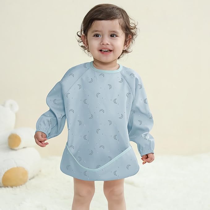 Susurration Baby Long Sleeve Bib 2 Pack Waterproof Sleeved Bib Smock for Baby, Baby Reusable Feeding bibs, 6-36 Months Baby Feeding Essentials - Blue Boat