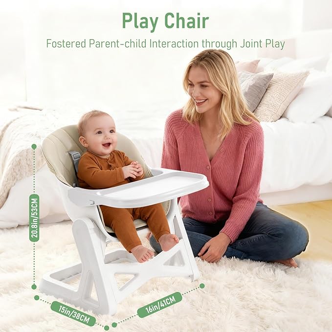 Baby High Chair, Babies and Toddlers Convertible Slim High Chair with 6 Growing Stages from Infant to Toddler Seating with Removable Tray, Easy to Clean,Beige Cushion