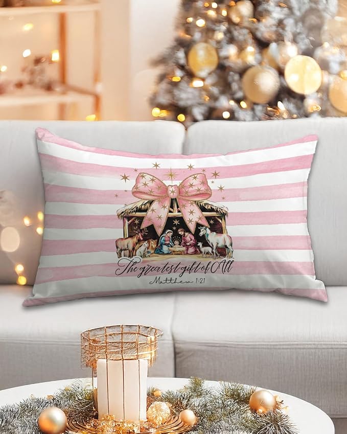 Faith Christmas Pillow Cover 12x20 – Pink Nativity Scene with Bow – Christian Baby Jesus Holiday Throw Pillow for Scripture Decor, Coquette Farmhouse Religious Decorations