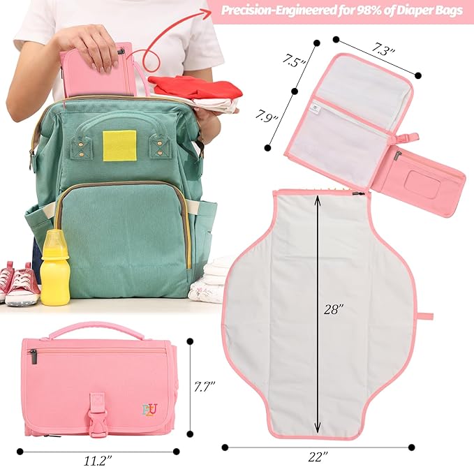PZU Portable Diaper Changing Pad - Changing Pad Portable with Wipes Pocket, Waterproof Diaper Changing Mat, Portable Changing Pad for Baby, Newborn Gift (Pink)