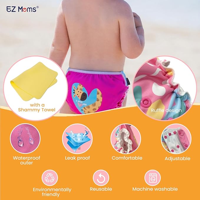 EZ Moms Baby Swim Diapers Reusable 2Pcs Large Size Snap Adjustable Washable One Size Toddler Swim Diaper with a Shammy Towel for Baby Girl Water Diaper Waterproof Swimming Diapers for Swimming Lessons