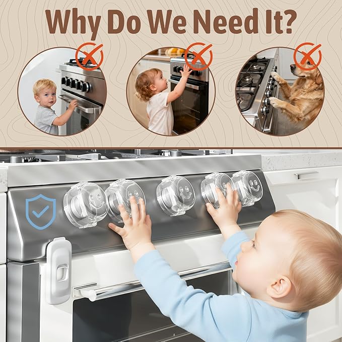 Stove Knob Safety Covers, (5+1Pack) Dual-Lucks Oven Knob Covers for Child Safety, Clear Vies, Universal Size (White)