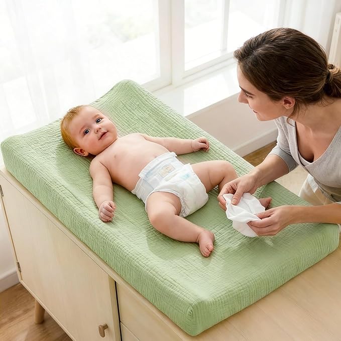 2 Pack Waterproof Muslin Changing Pad Cover with Safety Strap Hole, TPU Leakproof Protection Soft Muslin Baby Changing Table Covers for Boys & Girls, Fits 32" x 16" Changing Pad,Green Dinosaur