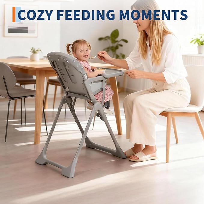Baby High Chair, Foldable Feeding Chairs for Babies and Toddlers, Adjustable Height/Backrest/Footrest, Removable Tray, Fast Folding Gray
