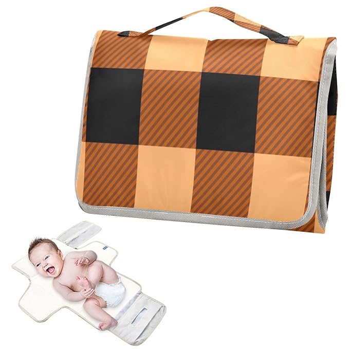 Portable Diaper Changing Pad Travel Baby Changing Mat Waterproof Diaper Changing Mat Foldable Lightweight Baby Changer with Built-in Pillow Autumn Orange and Black Plaid