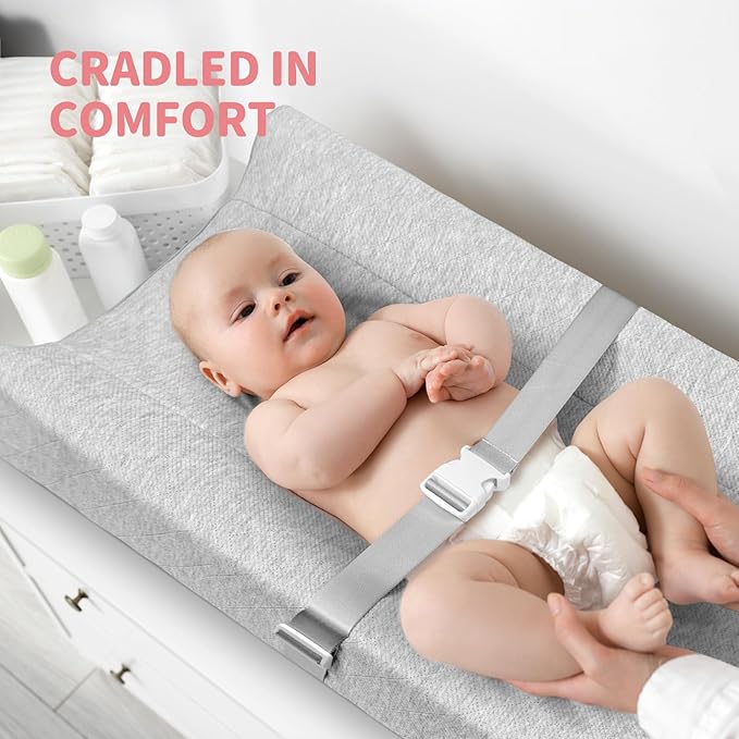 Baby Soft Changing Pad with Washable Cover, Baby Diaper Changing Pads for Dresser Top with Safety Strap,Non Slip Bottom, Topper for Standard Size Infant Diaper Table & Dresser(Gray)