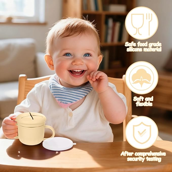 Toddler Snack Containers Stainless Steel Spill-Proof Snack Containers for Toddlers with Spill-Proof Silicone Lids and Handles 4-in-1 Baby Snack Cup is Dishwasher Safe for Easy use On The Go（Yellow）