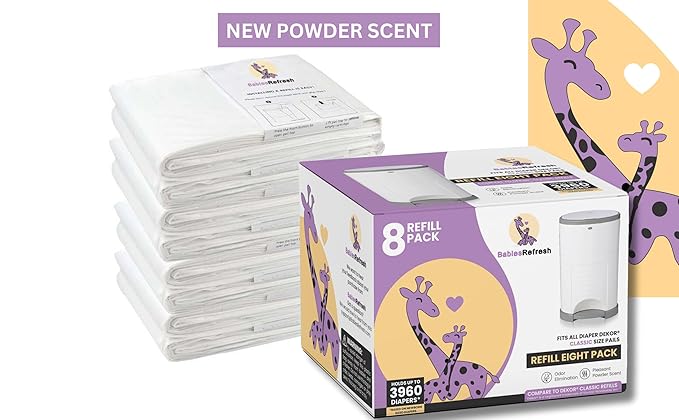 Refills Compatible with DEKOR CLASSIC Diaper Pail Refills | 8 Pack | Diaper Pail Odor Eliminator| Fresh Powder Scent | Each Diaper Bag Refill Holds up to 3960 Diapers | Diaper bin refill