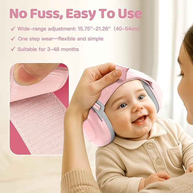 Orzbow Baby Headphones for Noise, Baby Ear Muffs Noise Protection for Newborn Toddler 3-48 Months - CE & ANSI Certified, Adjustable Infant Ear Protection for Travel Sleep, 25dB Sound Reduction, Pink