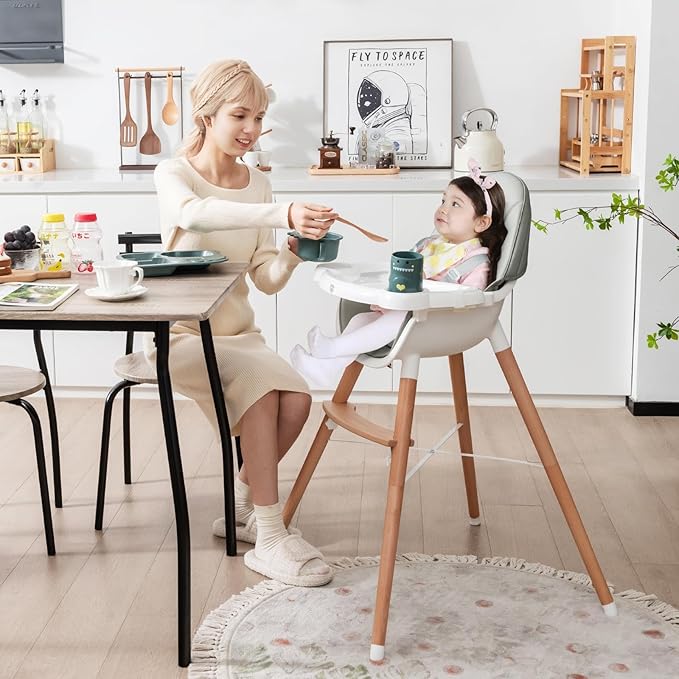BABY JOY Baby High Chair, Wooden High Chair for Babies & Toddlers with Dishwasher Safe Double Removable Tray, Infant Feeding Chair with 5-Point Safety Harness & Detachable PU Seat Cushion (Gray)
