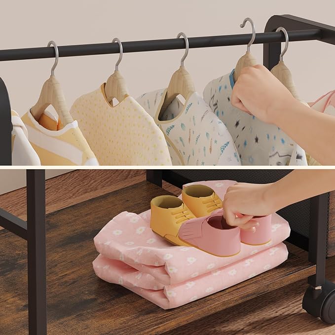 BBLIKE 3in1 Diaper Caddy Organizer - Diaper Caddy & Rolling Diaper Cart with Kids Clothing Rack for Nursery and Baby Essentials, Multi-Function Utility Cart for Bedroom and Bathroom, Black&Brown