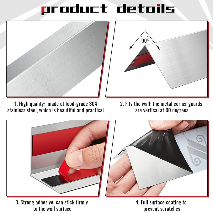 Therwen 10 Pcs 3/4 x 3/4 x 48 Inch 304 Stainless Steel Corner Guards Metal Wall Guard Protector Corner Trim Molding for Door Countertop Furniture Cabinet Protection