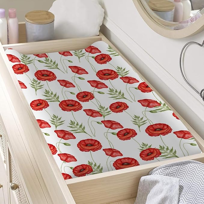 Boho Retro Poppy Flowers Leaves Baby Changing Pad Covers for Boy Girl 32''x16'' Red Poppy Floral Spring Blossom Fitted Diaper Change Table Sheet Wild Plants Soft Breathable Nursery Changing Table Mats