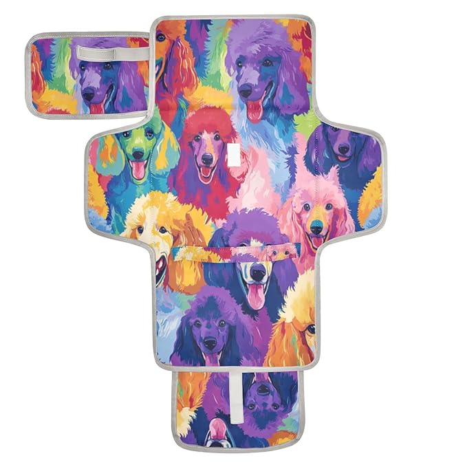 Portable Diaper Changing Pad Travel Baby Changing Mat Waterproof Diaper Changing Mat Foldable Lightweight Baby Changer with Built-in Pillow Vibrant and Colorful Poodle