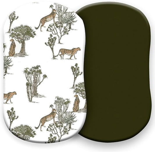 Pobibaby - 2 Pack Premium Bassinet Sheets for Standard Bassinets - Ultra-Soft Cotton Blend, Stylish Floral Pattern, Safe and Snug for Baby (Safari)