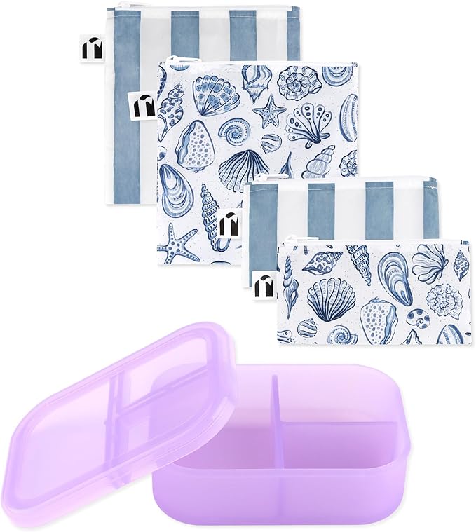 Bumkins Snack Bags and Snack/Lunch Bento Box 3 Compartment Container, Coastal and Purple