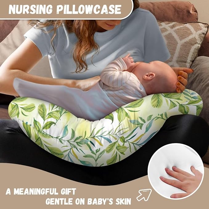 Green Leaves Nursing Pillow Cover for Baby Boy Girl Breastfeeding Slipcover Infant Newborn Nursery Bottle Pillowcase Durable and Easy to Clean