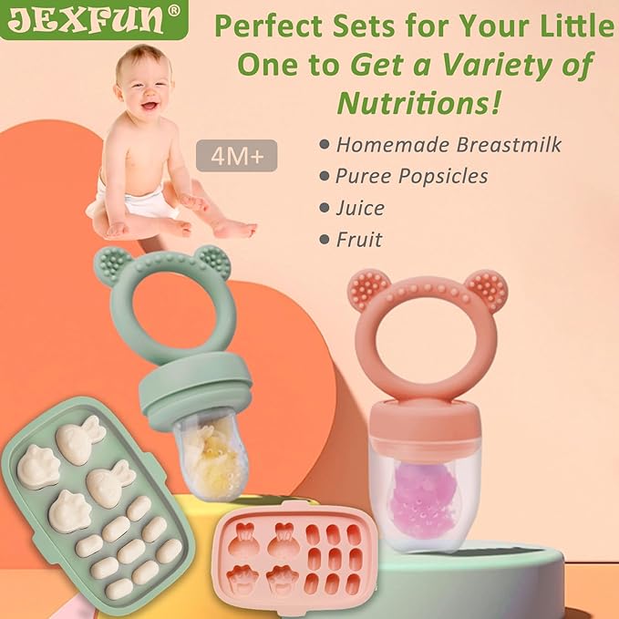 JEXFUN Baby Fruit Food Feeder Pacifier & Freezer Tray Set, Breastmilk Popsicle Molds for Teethinig, Baby Food Storage Containers Breast Milk Ice Cubes for Baby & Infant Self Feeding, BPA Free (2Pack)