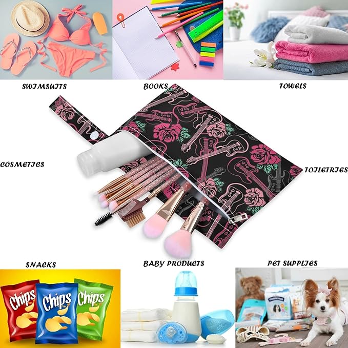 visesunny Guitar and Rose Floral 2Pcs Wet Bag with Zippered Pockets Washable Reusable Roomy Diaper Bag for Travel,Beach,Daycare,Stroller,Diapers,Dirty Gym Clothes,Wet Swimsuits,Toiletries