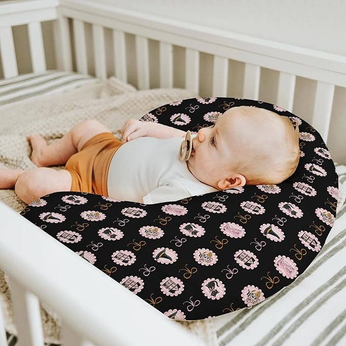 Cute Pink and Black Halloween Baby Nursing Pillow Covers for Girl Witch Cat Castle Floral Bows Nursery Pillowcase for Breastfeeding Pillows Spooky Halloween Soft Stretchy Removable Covers for Newborn