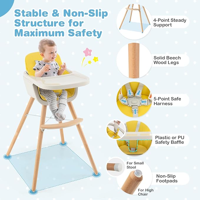 HONEY JOY Baby High Chair, 6-in-1 Eat & Grow Wooden Highchair/Toddler Chair with Removable Tray, 5-Point Harness, PU Cushion and Footrest, Convertible High Chair for Babies and Toddlers(Yellow)