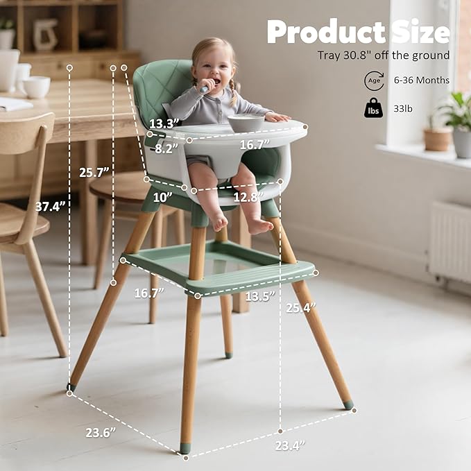 TODEFULL 8 in 1 Wooden High Chairs for Babies Toddlers, Convertible to Booster Seat, Baby Feeding Highchair w/ 5-Point Safety Harness, Removable Tray & Cushion, Green