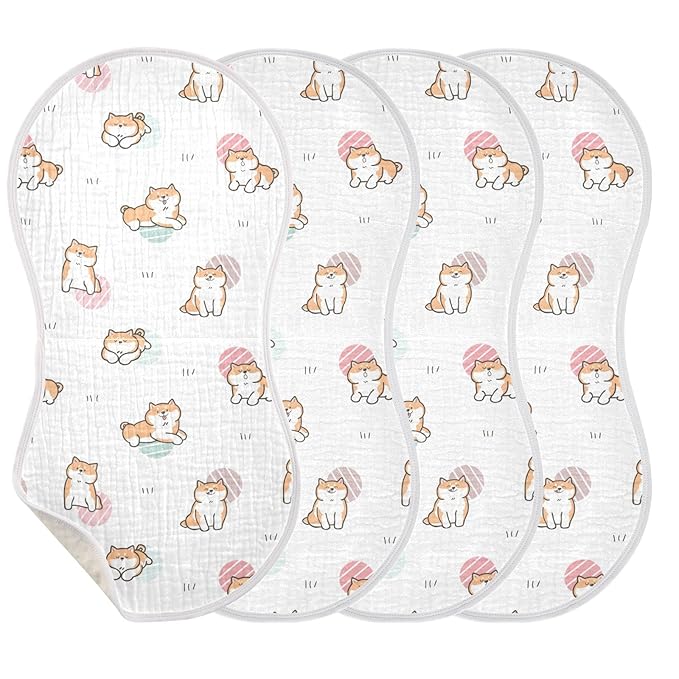 Kigai Cute Cartoon Shiba Inu Dog Muslin Baby Burp Cloths - Super Absorbent and Soft Burping Rags - Cotton Burp Clothes Set for Boys and Girls, 1 Pack