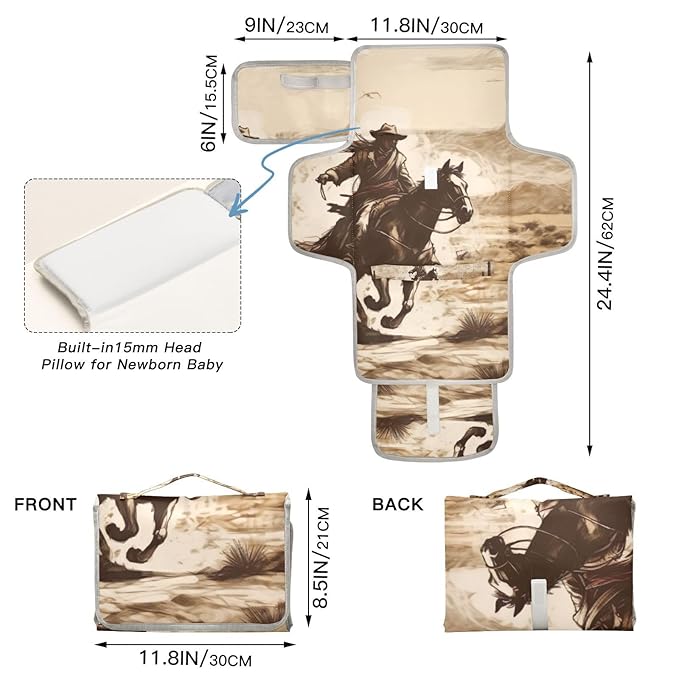 Portable Changing Pad for Baby - Vintage Western Cowboy Waterproof Diaper Changing Mat Travel Changing Pad with Built-in Pillow - Shower Gift for Baby