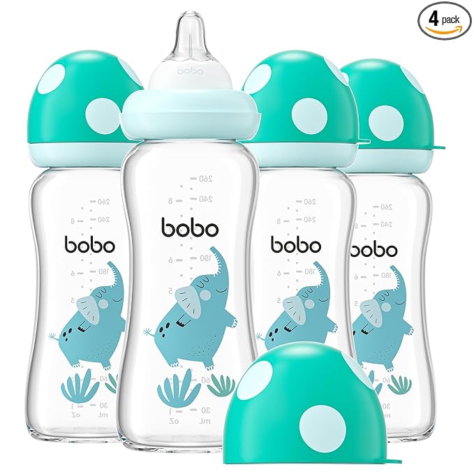 YOHKOH Natural Glass Baby Bottle with Level 2 Medium Flow Nipple, Newborn Anti-Colic Baby Bottles, Wide Neck Mushroom Baby Glass Bottle (8.8ounce (Pack of 4), Blue2)