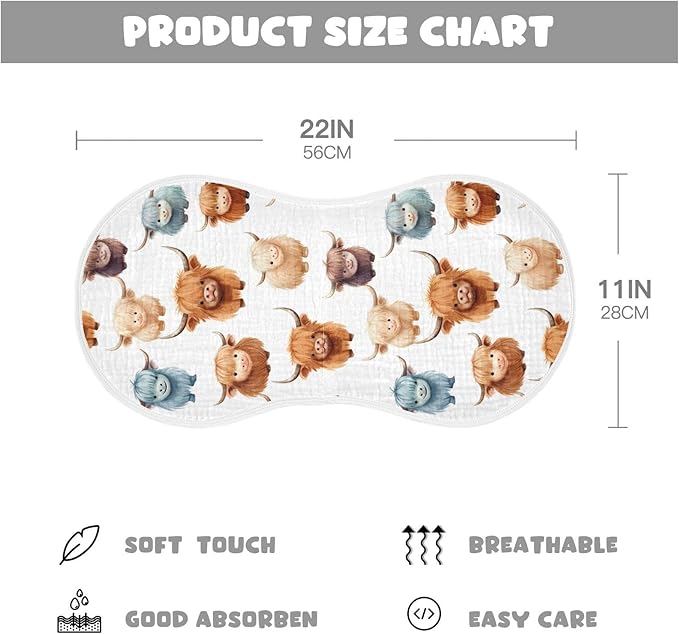4Pcs Cute Highland Cow Pattern Burp Cloth,Unisex Large Absorbent Soft Cotton Muslin Burping Cloths for Newborn Boys Girls,11x22in,A110858