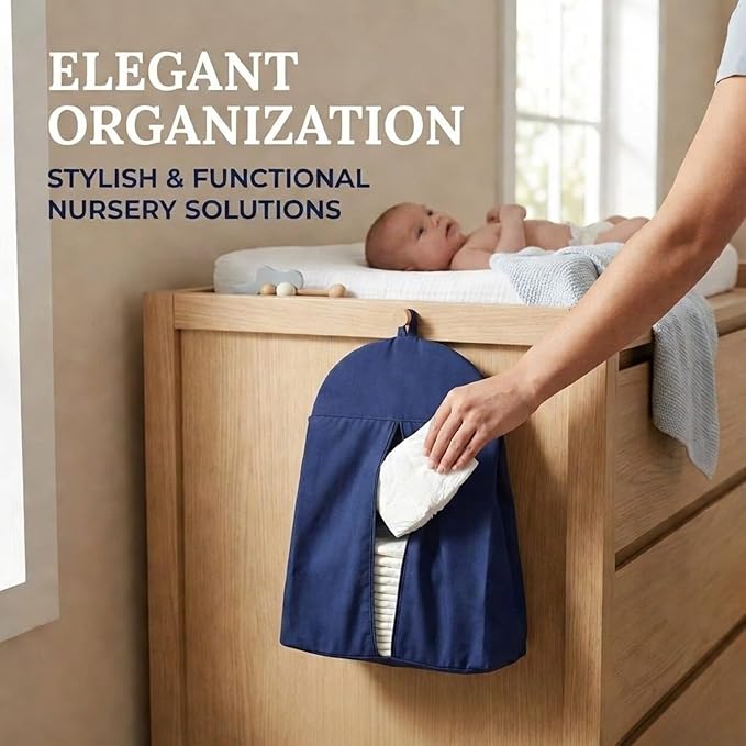 Navy Blue Hanging Baby Diaper Caddy Organizer for Changing Station - Baby Nursery Décor for Boys - Diaper Stacker with Hook for Easy Reach - Safe Diaper Changes; Portable, Washable and Folding