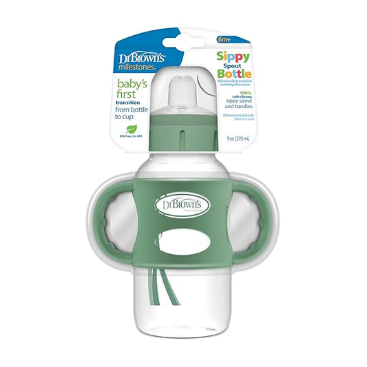 Dr. Brown's Milestones Wide-Neck Sippy Spout Bottle with 100% Silicone Handles, Easy-Grip Handles with Soft Sippy Spout, 9oz/270mL, Green, 1-Pack, 6m+