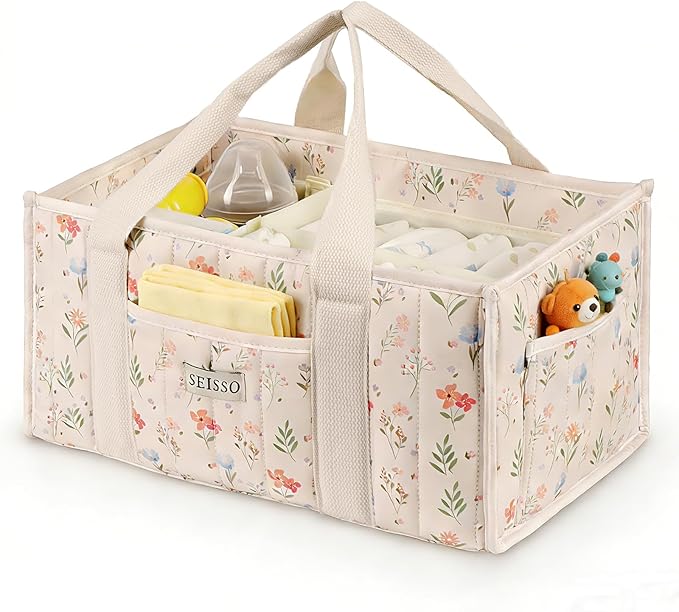 SEISSO Diaper Caddy Organizer with Handle, Portable Baby Gift Basket, Floral Diaper Organizer Nursery Storage Bag, Newborn Girl Boy Essentials, Gift for Baby Shower
