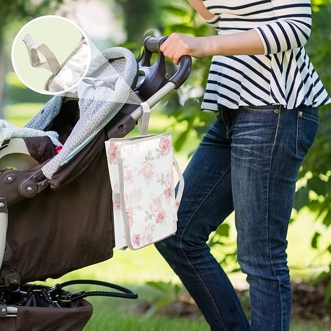 Pink Roses Portable Diaper Changing Pad with Wipes Holder, Beautiful Flower Leaves Foldable Baby Diaper Changer Travel Bag Beauty Floral Baby Changing Mat with Built-in Pillow for Newborn