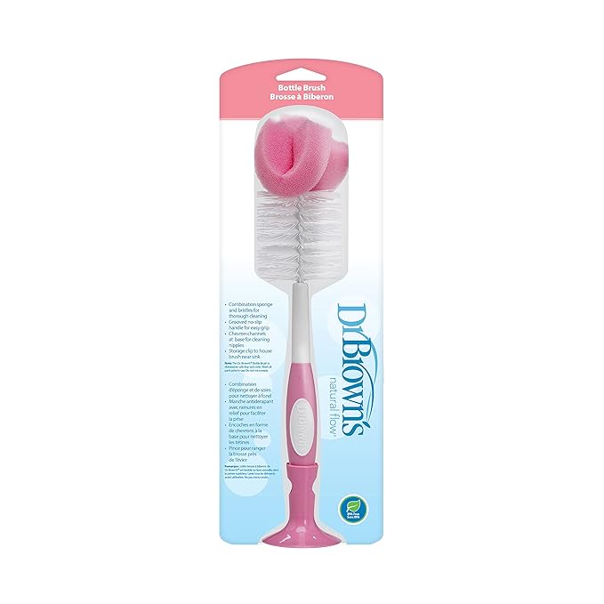 Dr. Brown's Natural Flow Anti-Colic Options+ Narrow Baby Bottles, Floral Designs, 8oz/250mL, Pink, 0m+ & Reusable Sponge Baby Bottle Cleaning Brush with Suction Cup Stand, Pink 1-Pack