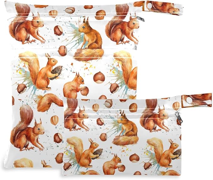 visesunny Cute Squirrel Hazelnut 2Pcs Diaper Changing Totes Wet Bags with Zippered Pockets Washable Reusable Roomy Cloth Diaper for Travel,Beach,Daycare,Stroller,Dirty Gym Clothes,Wet Swimsuits,Toilet