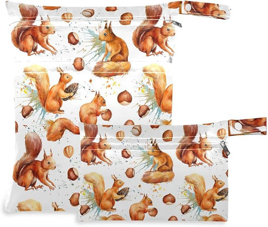 visesunny Cute Squirrel Hazelnut 2Pcs Diaper Changing Totes Wet Bags with Zippered Pockets Washable Reusable Roomy Cloth Diaper for Travel,Beach,Daycare,Stroller,Dirty Gym Clothes,Wet Swimsuits,Toilet